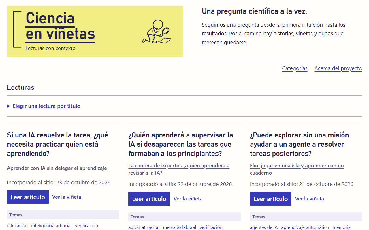 Portada de Ciencia en viñetas con la identidad del sitio y un listado de lecturas científicas.