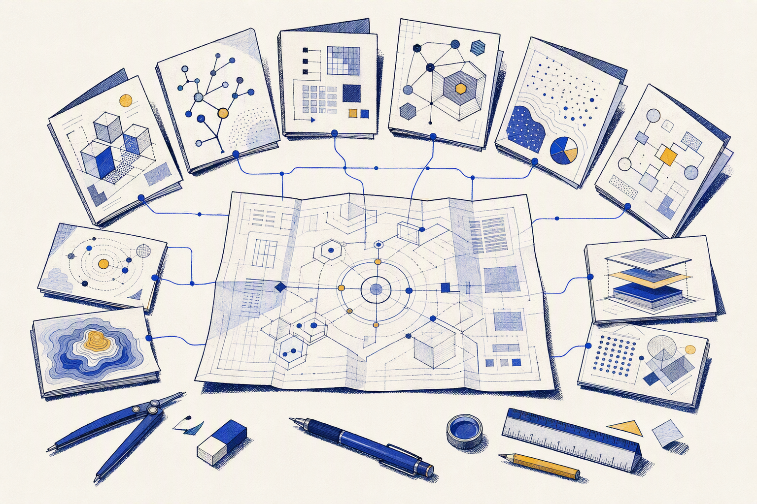 Ilustración conceptual de perfiles especializados conectados a un plano de trabajo central.