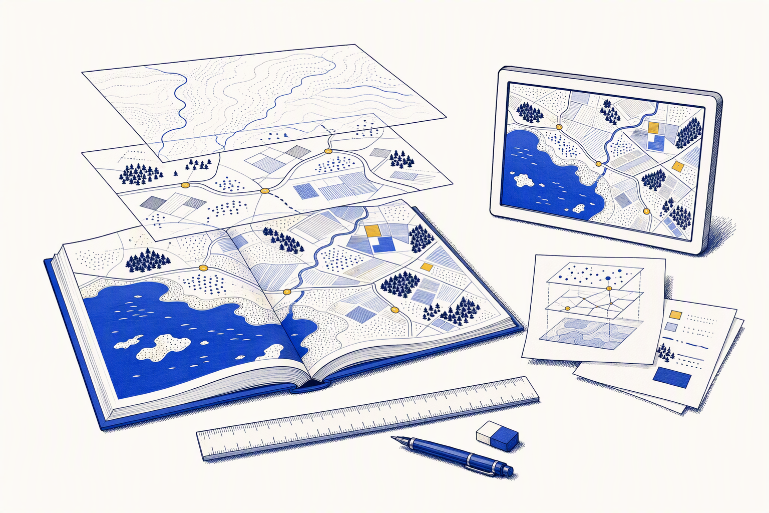 Ilustración conceptual de un atlas, capas cartográficas y un mapa publicado en una pantalla.