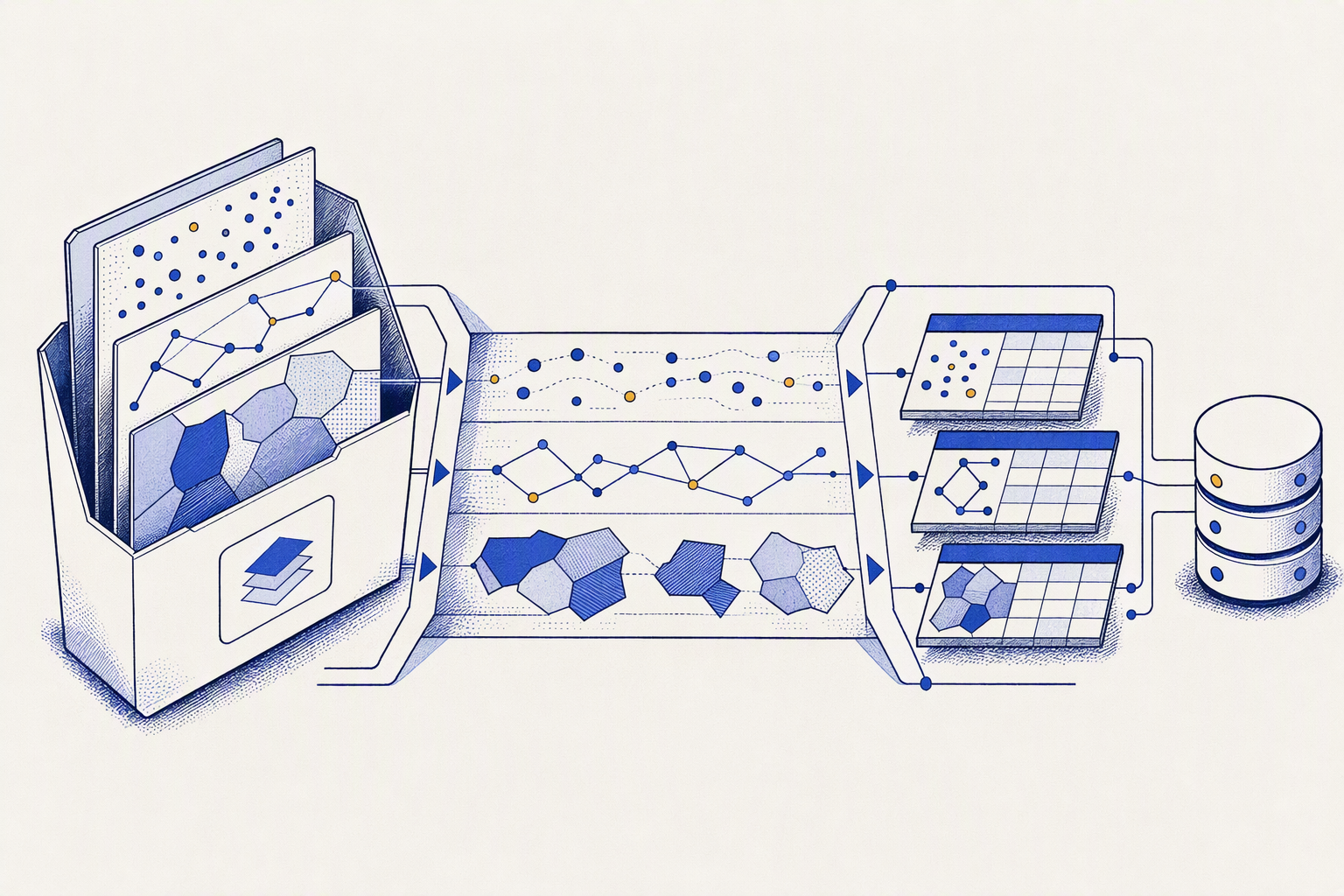 Ilustración conceptual de la conversión de capas geográficas de archivo a tablas de una base de datos espacial.