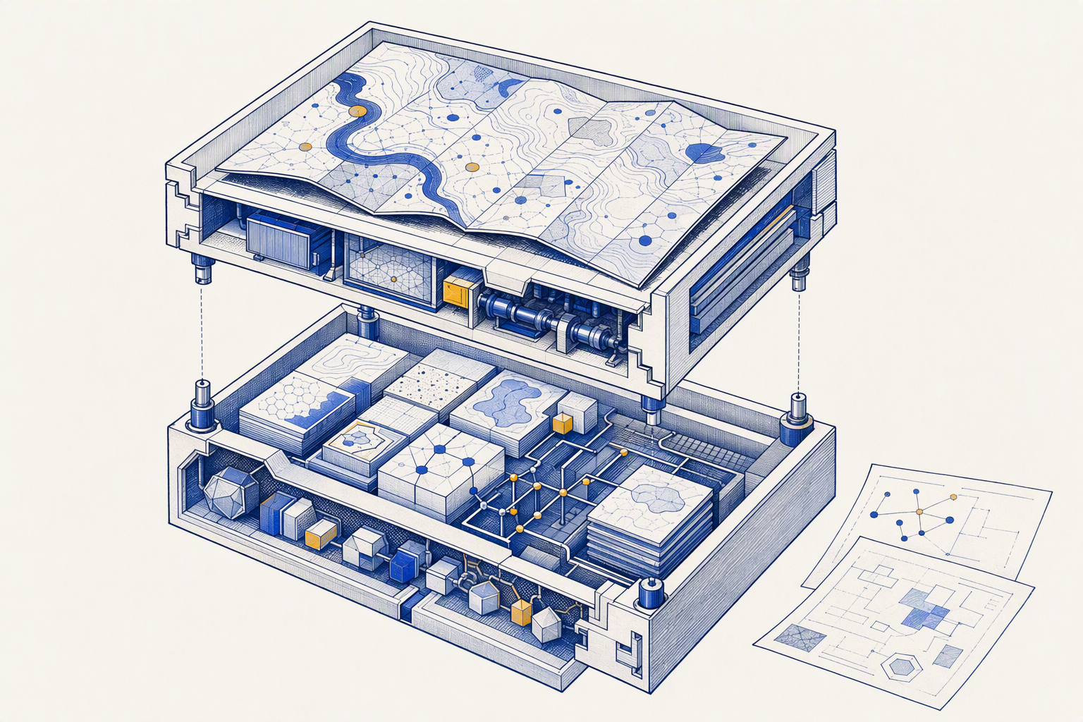 Ilustración conceptual de un servidor cartográfico y su base geoespacial organizados en dos capas.