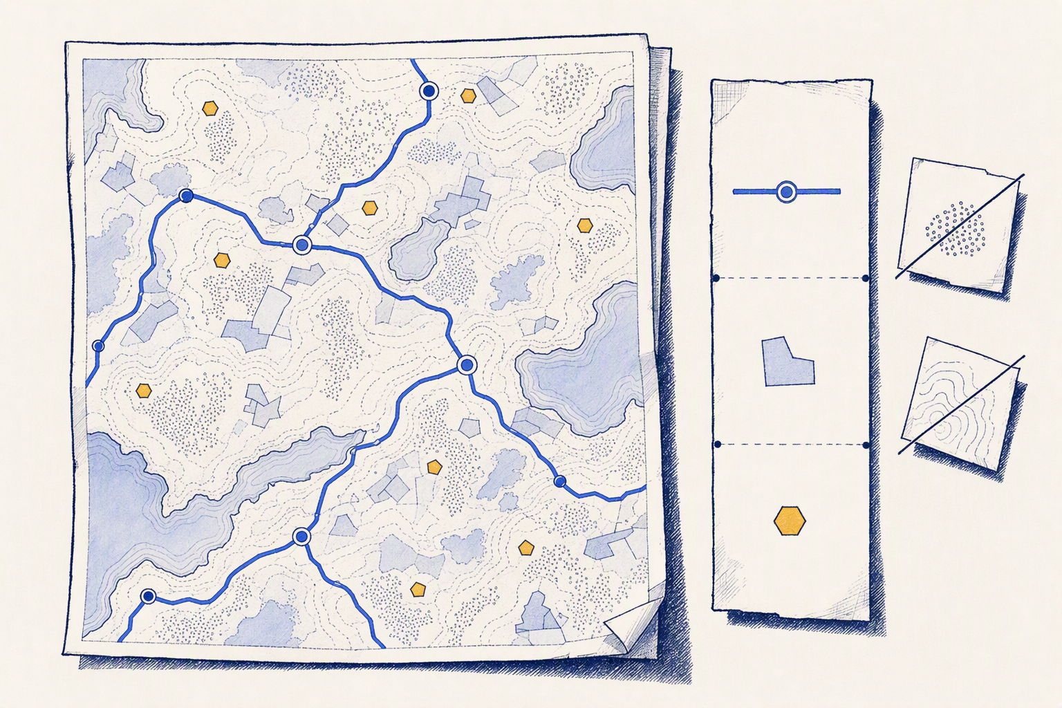 Ilustración conceptual de un mapa ficticio con una leyenda simplificada y símbolos excluidos.