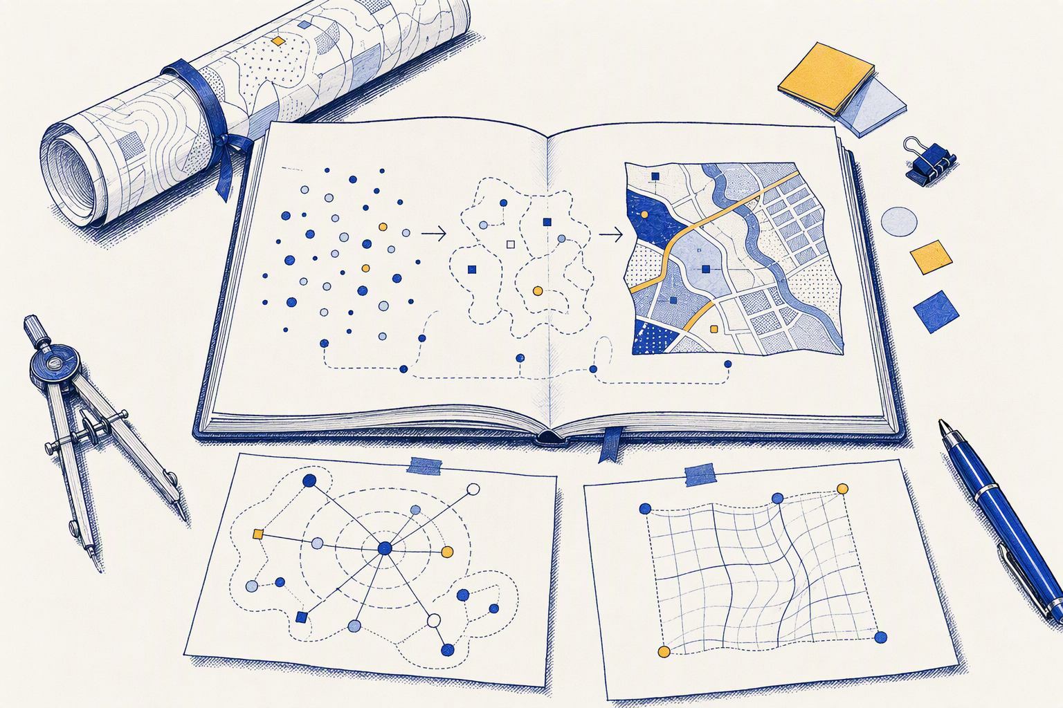Ilustración conceptual de un cuaderno con ejercicios de procesamiento espacial, mapas y herramientas de dibujo.