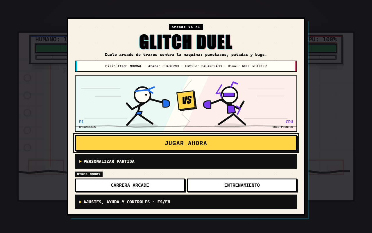 Menú de GLITCH DUEL con dos luchadores, la configuración del duelo y las opciones de juego.